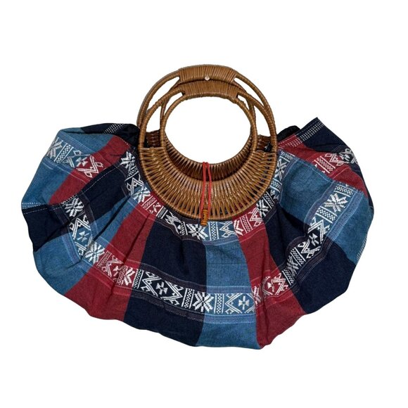 Womens‎ Red, White, & Blue Fabric Hand Bag With Rattan Boho Handle - Picture 1 of 6